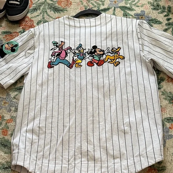 Disney Adults White Pinstripe Baseball Shirt with Mickey Patch - Picture 4 of 6